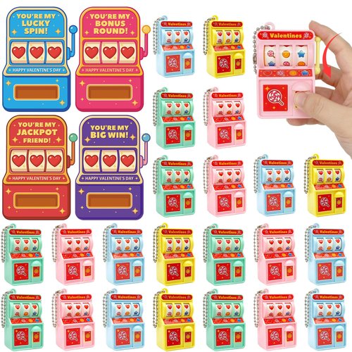 Gocozer Valentines Day Cards for Kids School – 28 Pack Mini Slot Machine Toys with Valentines Greeting Cards, Classroom Exchange Valentines Gifts, Bulk Set for School Valentines Party