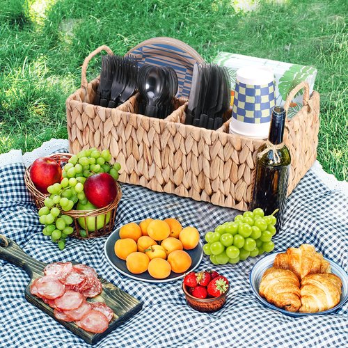 Niuirt Wicker Party Silverware Caddy, Water Hyacinth Plastic Cutlery Utensil Holder, Hand Woven with Handles, Kitchen Countertop and Picnic flatware Organizer (5 compartments)