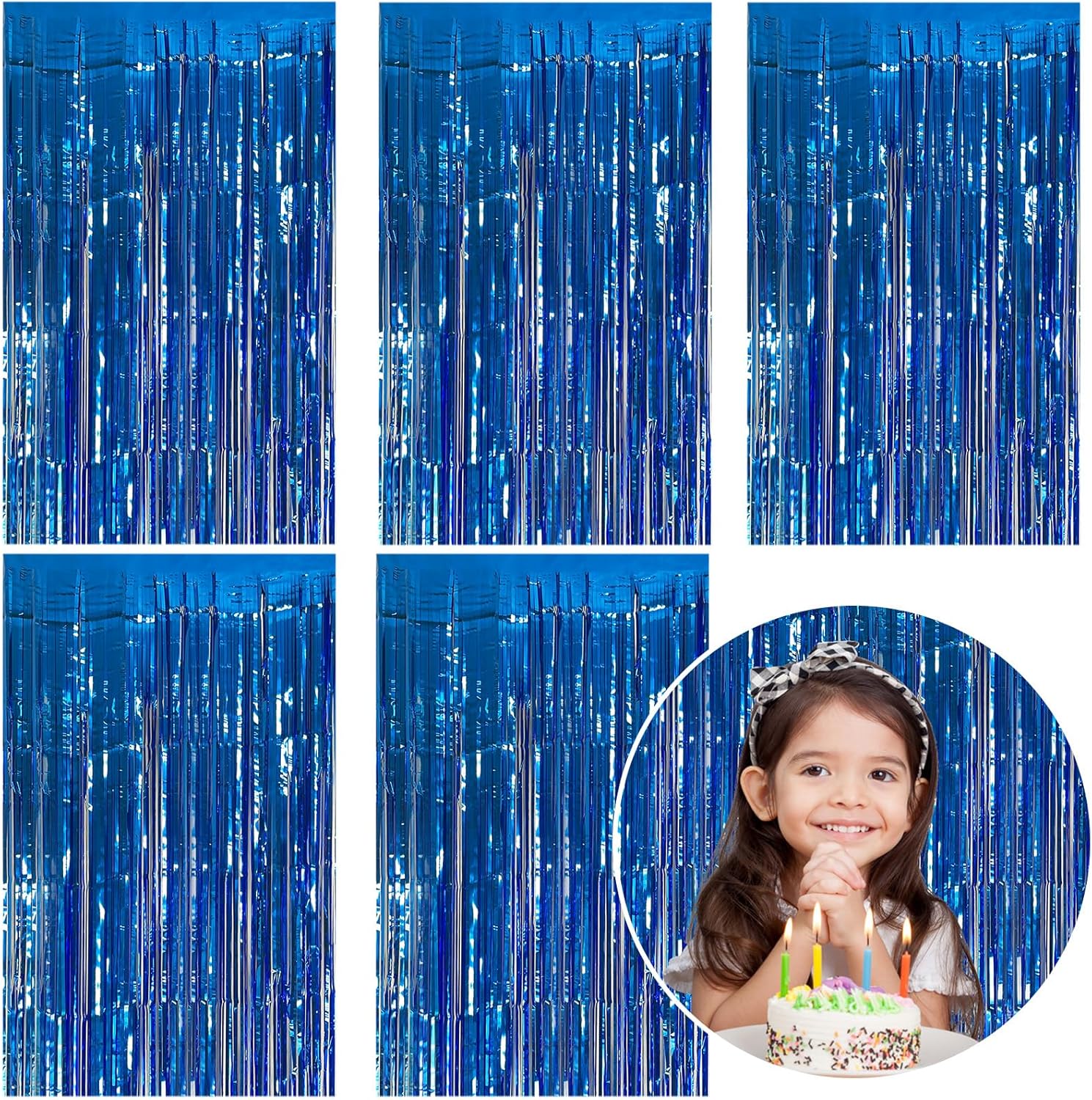 Skiennix 5 Pack Blue Metallic Tinsel Foil Fringe Curtains - Perfect for Photo Booths & Celebrations