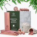 Ceddera Essential Cedar Bundle | Natural Cedar Blocks for Clothes Storage | Eco Friendly Cedarwood for Closets | Moth Ball Alternative | 58 Total Pieces - 8 Hang Ups, 24 Rings, 24 Balls & 2 Sachets