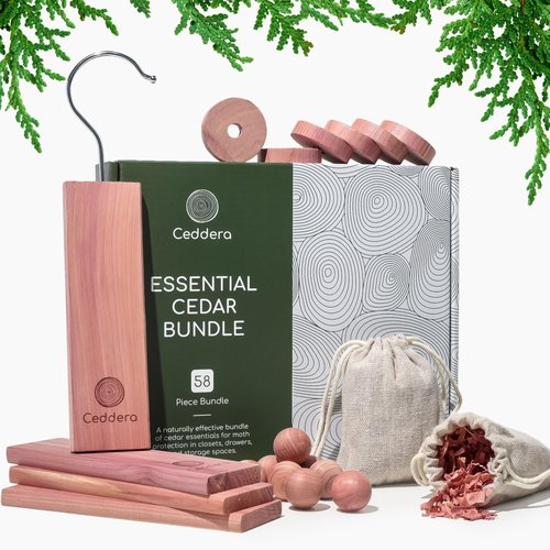 Ceddera Essential Cedar Bundle | Natural Cedar Blocks for Clothes Storage | Eco Friendly Cedarwood for Closets | Moth Ball Alternative | 58 Total Pieces - 8 Hang Ups, 24 Rings, 24 Balls & 2 Sachets