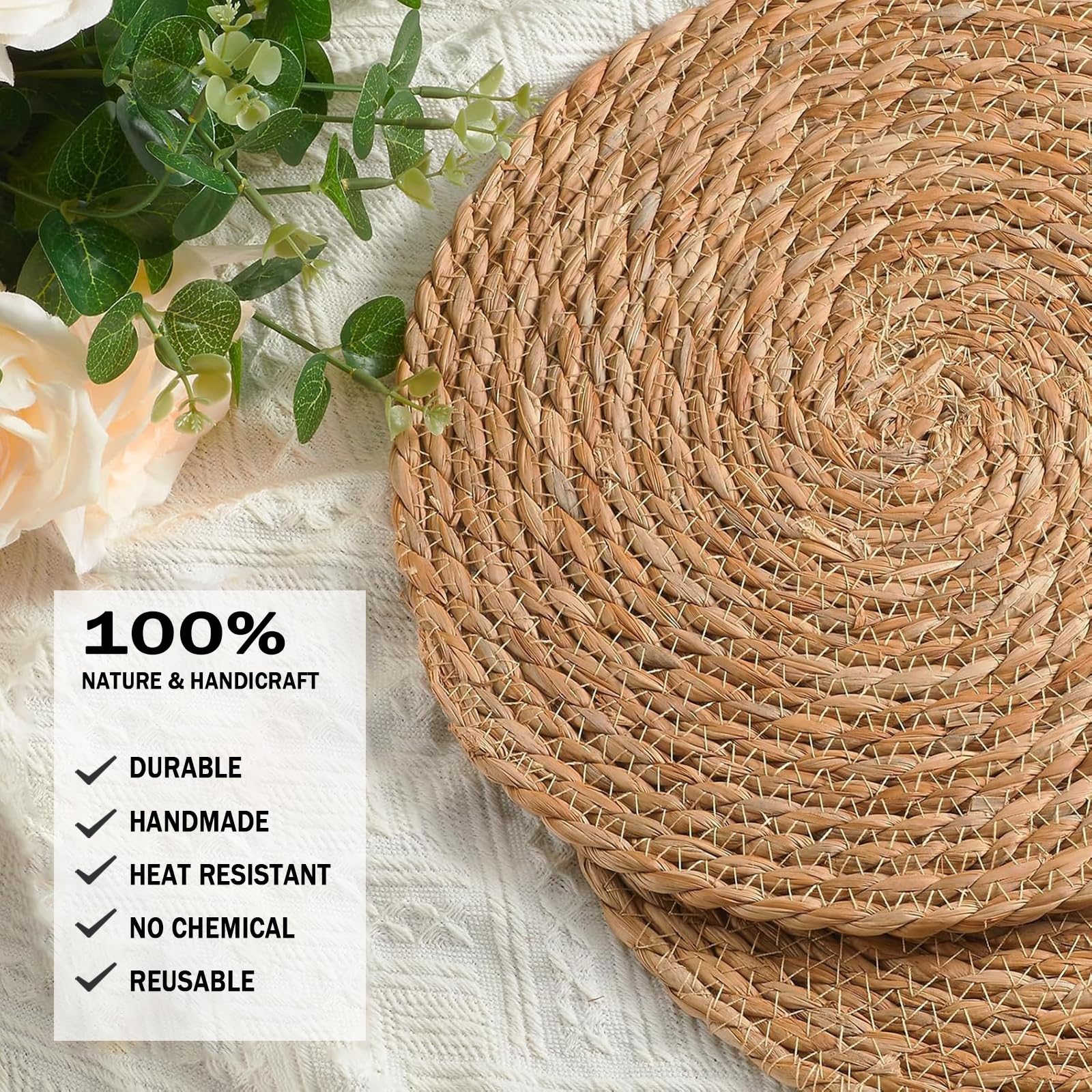 Handmade Heat Resistant 12" Round Woven Placemats Set of 12, Wicker Boho No Chemical Natural Water Hyacinth Place Mats, Farmhouse Table Mats for Kitchen Dining Table,Home Decorations,Wedding