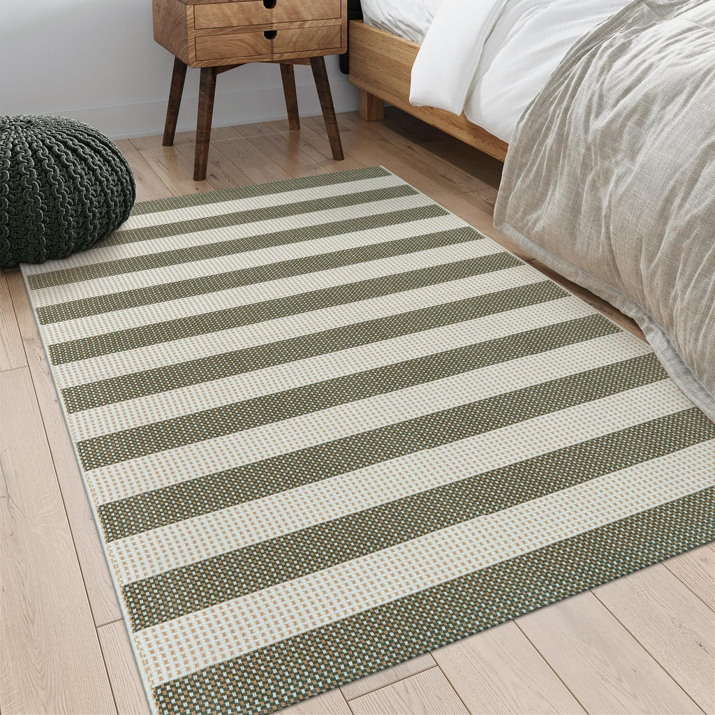 OJIA Striped Outdoor Area Rug 4'x6' Washable Patio Rugs Cotton Woven Living Room Rug Farmhouse Indoor Outdoor Rugs Large Floor Carpet for Courtyard/Bedroom/Entryway (Green/White/Tan)