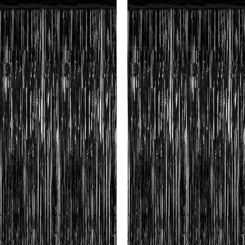 2026 Graduation Party Decorations | 2 Pack Black Backdrop with Metallic Fringe Tinsel Curtains - 3.28 FT x 7.05 FT
