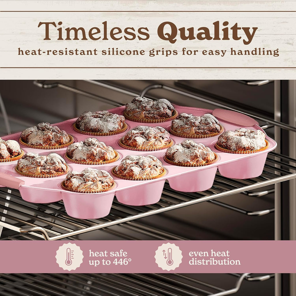 Country Kitchen Nonstick Bakeware Set - Heavy Duty & Easy Release, 10-Piece Pink Collection
