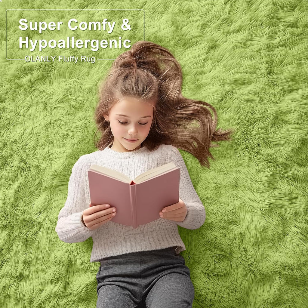 OLANLY Soft Fluffy Shaggy Runner Rugs - Machine Washable 2x8 for Hallway & Bedroom | Grass Green Decor