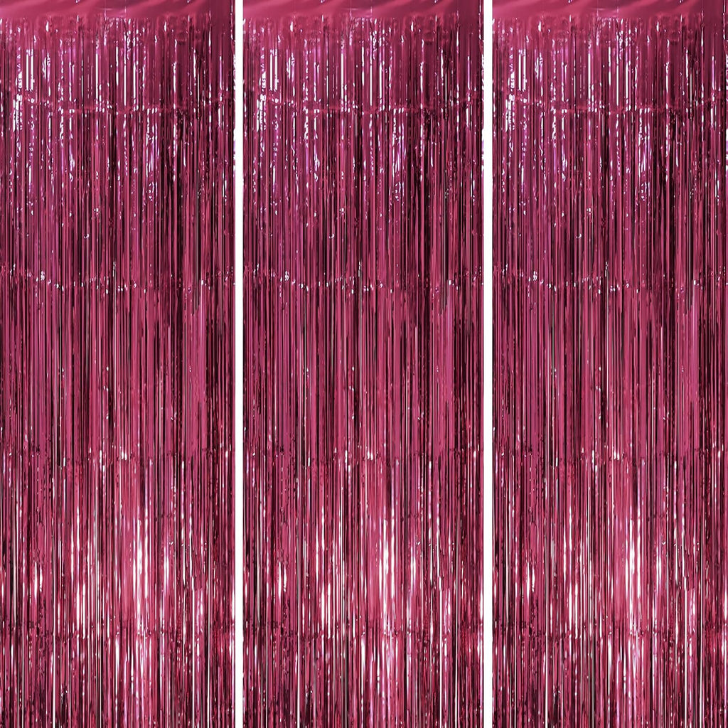 Voircoloria Foil Fringe Backdrop Curtains - 3 Pack Burgundy Tinsel Streamers for Graduation & Retro Parties