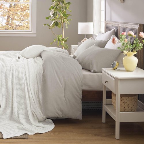 Bedsure 5 Pieces Cotton Comforter Set with Waffle Throw Blanket - Soft Breathable Bedding Set for All Seasons, Beige Queen Comforter, Pillow Shams, White 100% Cotton Blanket, Throw Pillow