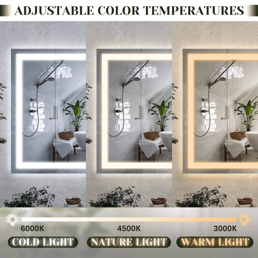 ROLOVE 32x 22 Inch Large Lighted Vanity Mirror with Dimmable 3 Modes, LED Makeup Mirror for Bathroom ＆ Dressing Room, Tabletop or Wall-Mounted, White