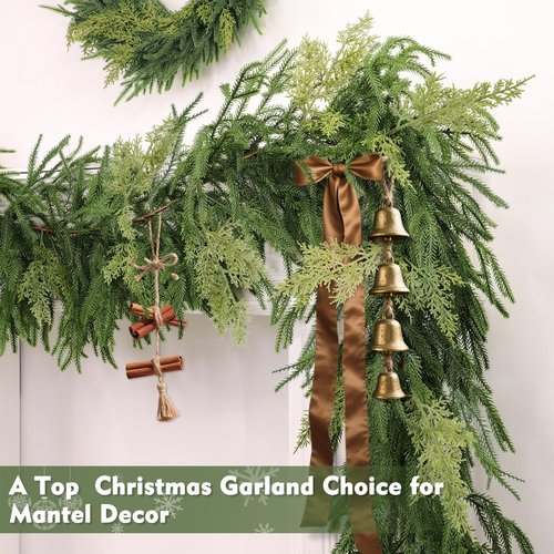 Extra Thick&Lush - 6Ft by 12 Inch Artificial Garland Norfolk Pine Garland, Real Touch Cedar Garland, Realistic Soft 120 Branch Tips Pine&Cedar Faux Greenery Cypress Garlands for Mantle Outdoor Indoor