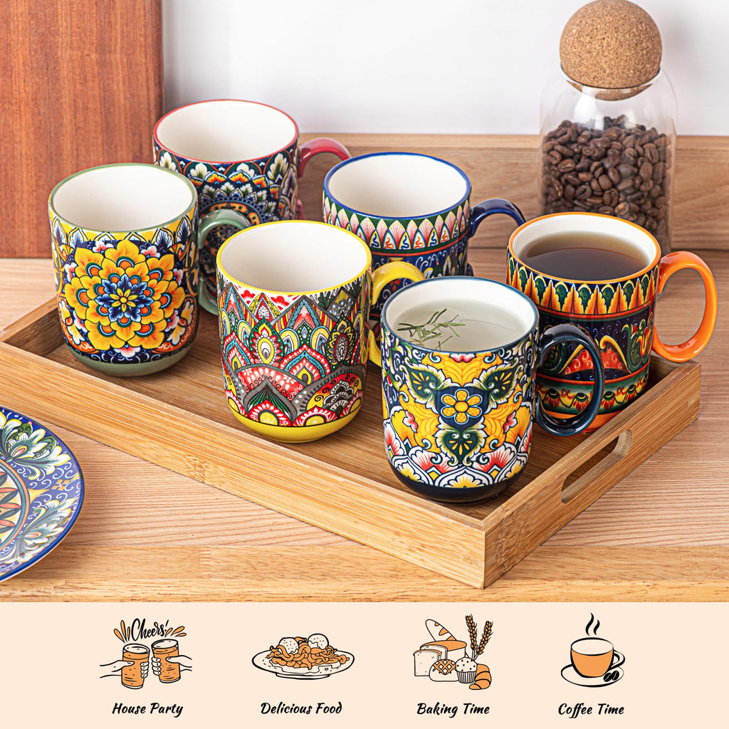 Henten Home Ceamic Coffee Mug Set of 6, 14 oz Colorful Latte Cup with Handle, Boho Floral Mug for Hot Cocoa, Milk, Tea, Chocolate, Microwave & Dishwasher Safe