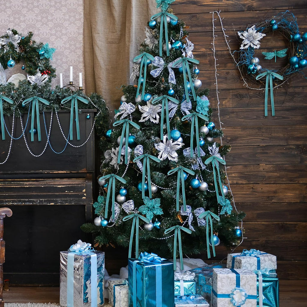 Skiennix 24 Pcs Velvet Bows - Vintage Ribbon Bows for Christmas Tree & Crafts | Turquoise (5 x 7 Inch, 3/8" Width)