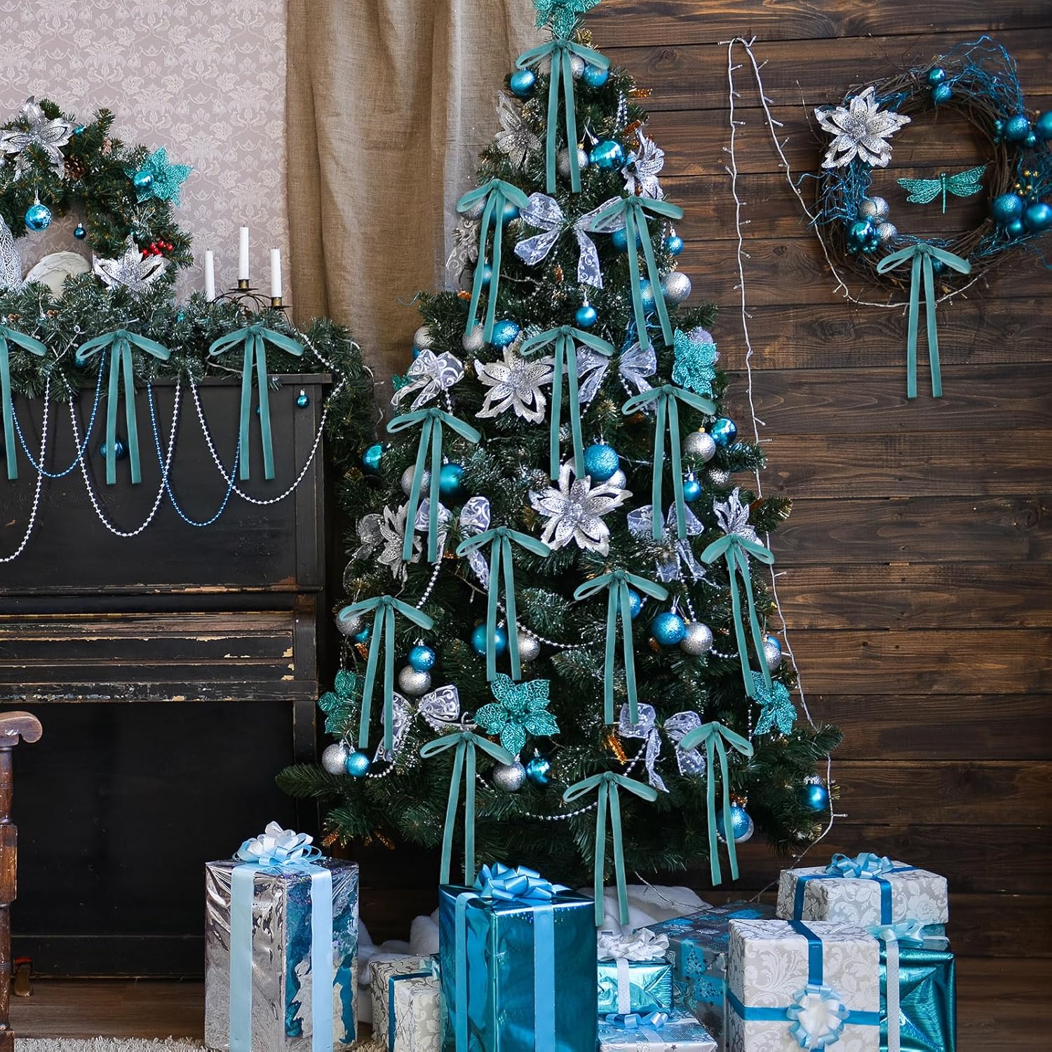 Skiennix 24 Pcs Velvet Bows - Vintage Ribbon Bows for Christmas Tree & Crafts | Turquoise (5 x 7 Inch, 3/8" Width)