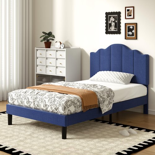 VECELO Twin Size Upholstered Platform Bed Frame with Adjustable Headboard, Wood Slat Support and Noise-Free, No Box Spring Needed, Easy Assembly, Blue