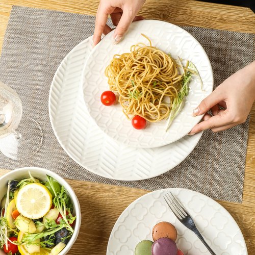 Sureasy 12-Piece Ceramic Dinnerware Set for 4 - Embossed Plates and Bowls Sets, Scratch Resistant Dish Set, Microwave, Oven & Dishwasher Safe, White