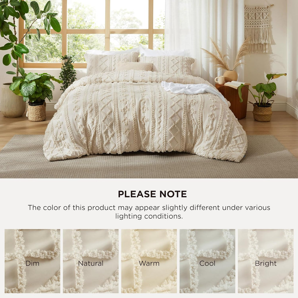 Bedsure Tufted Boho Comforter Set - Queen Size Beige Bedding with GentleSoft™ Fabric | 3-Piece Farmhouse Style