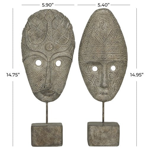 Deco 79 Polystone Mask Handmade Decorative Sculpture Carved Home Decor Statues, Set of 2 Accent Figurines 5"W, 15"H, Gray