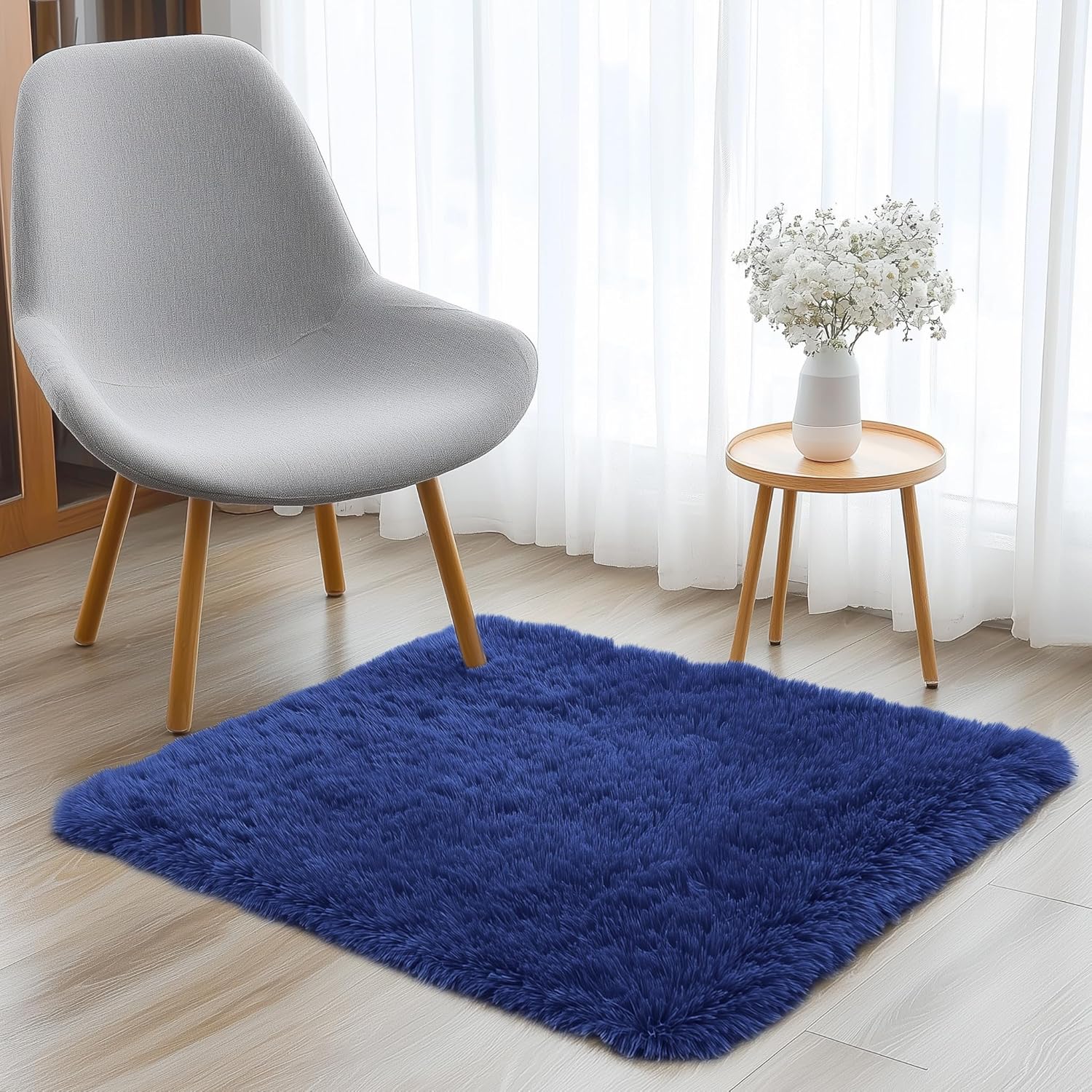 OLANLY Soft Fluffy Shaggy Bedside Rug - 3x3 Machine Washable Indoor Carpet in Navy Blue