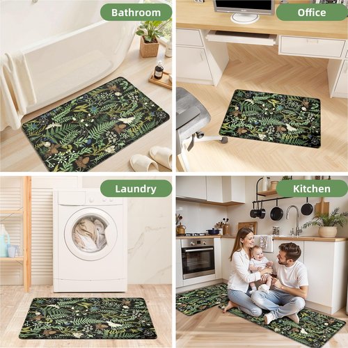 Black Green Botanical Kitchen Rugs Set of 2 Plant Leaf Anti-Fatigue Kitchen Mat Natural Comfort Standing Waterproof PVC Mats 2/5" Thick Leather Carpet for Laundry Office Sink(17.3" x28" + 17.3" x 59")