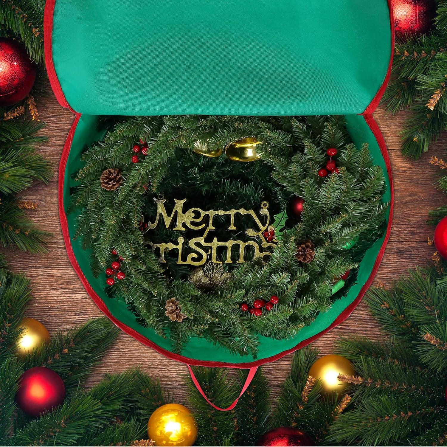 Regine Switzerland 2-Pack Christmas Wreath Storage Bags - Durable Handles & Double Zipper, 24” Green