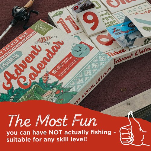 Mystery Tackle Box 12 Days of Fishmas Advent Calendar – Bass Fishing Lure Gift Set with 35 baits & lures including 10 Premium Baits, Holiday Decal & Meateater Trivia Pack