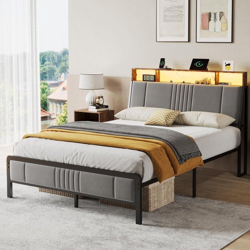 BedsPick Queen Bed Frame with Ergonomic Headboard, Upholstered Metal Platform Bed Queen Size with 2-Tier Storage, Charging Station, Smart LED Lights, Easy Assembly, No Box Spring Needed, Gray