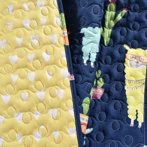 Lush Decor Southwest Llama Cactus Throw Blanket, 50" W x 60" L , Yellow & Navy - Toddler Blanket - Cute Reversible Boho Quilted Throw for Kids Room