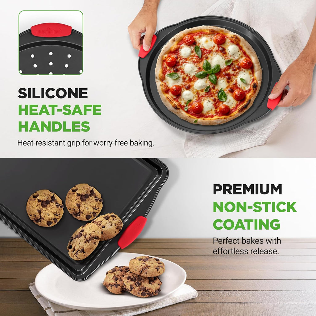 NutriChef Non-Stick Baking Pans Set - Deluxe Commercial Grade Bakeware with Red Silicone Handles | 8 Piece Gray Coating