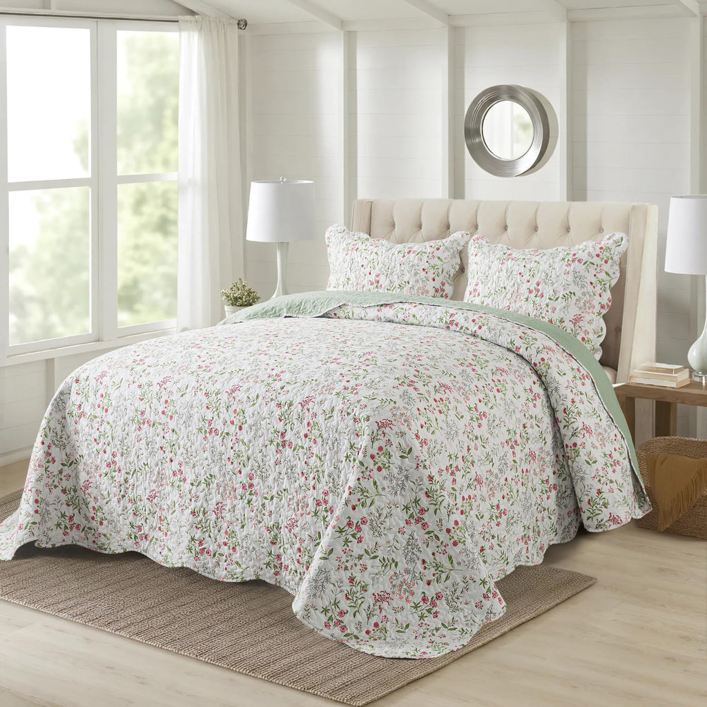 HoneiLife Queen Quilt Bedding Set - 3 Pieces Microfiber Quilt Sets Lightweight Bedspreads Reversible Coverlets Nature Bed Cover Floral Bedding Set Wildflower Quilts All Season Use