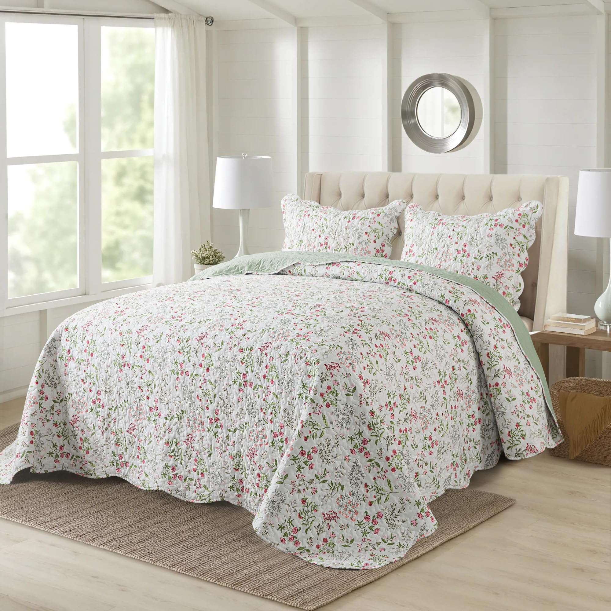 HoneiLife Queen Quilt Bedding Set - 3 Pieces Microfiber Quilt Sets Lightweight Bedspreads Reversible Coverlets Nature Bed Cover Floral Bedding Set Wildflower Quilts All Season Use