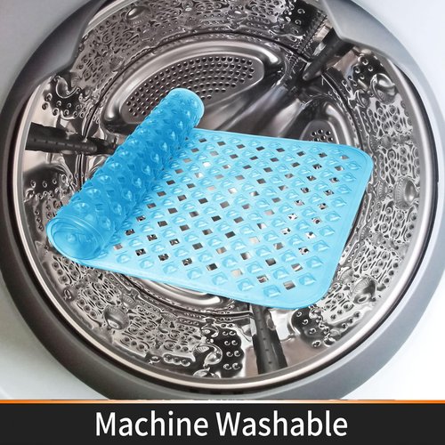 Yimobra Square Shower Mat Non Slip, Super Strong Suction Cups, 21"x21" Bath Tub Mat with Drain Holes, Machine Washable Fast Draining Bath Mats, Bathroom Essentials,Clear Blue