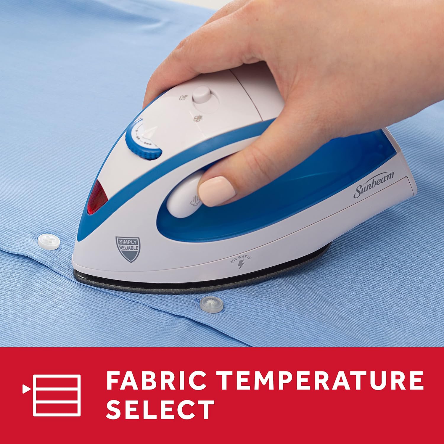 Sunbeam Hot-2-Trot Travel Steam Iron - 800W Dual Voltage, Compact & Portable, Non-Stick Soleplate, White/Blue