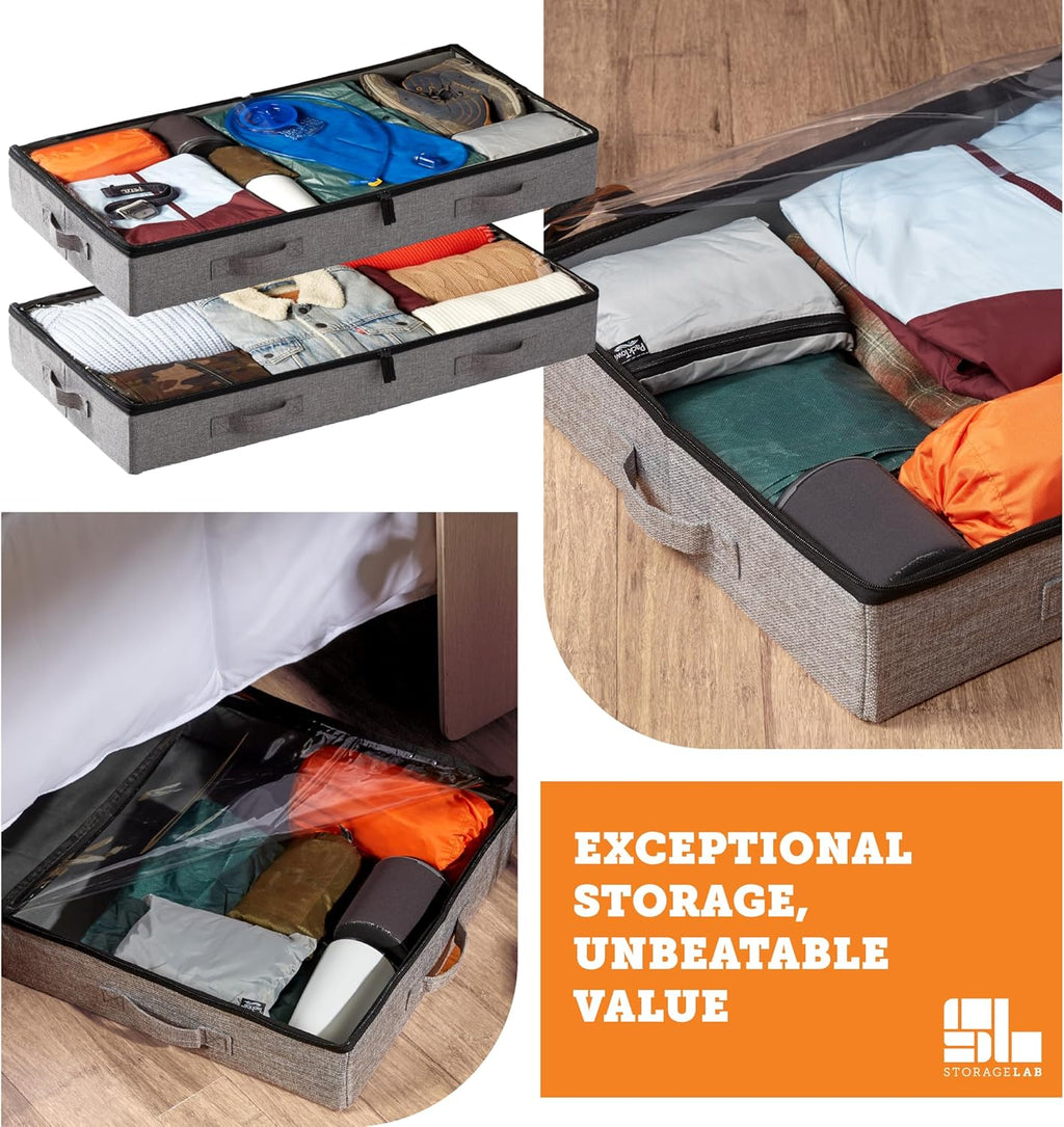 storageLAB Under Bed Storage Containers - Low Profile Organizers with Sturdy Handles & Clear Windows | 2 Pack, Gray