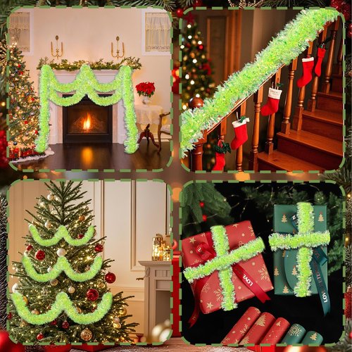 DIYDEC 26.2FT Christmas Tinsel Garland Shiny Iridescent Green Garland Christmas Glitter Foil Metallic Twist Hanging Green Garlands for Xmas Tree Fireplace Home Party Decoration