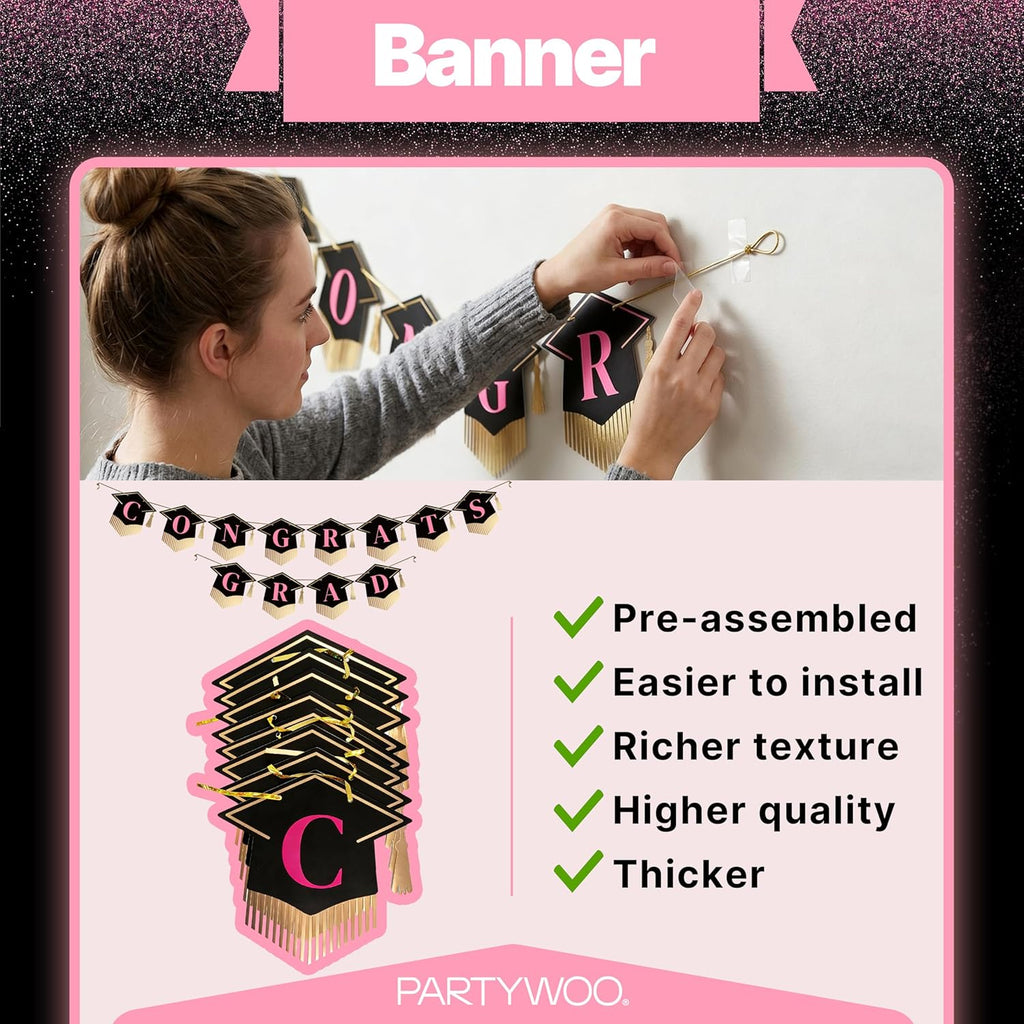 PartyWoo Graduation Decorations - Class of 2026 Black, Gold & Pink 19-Piece Set with Congrats Banner & Balloons