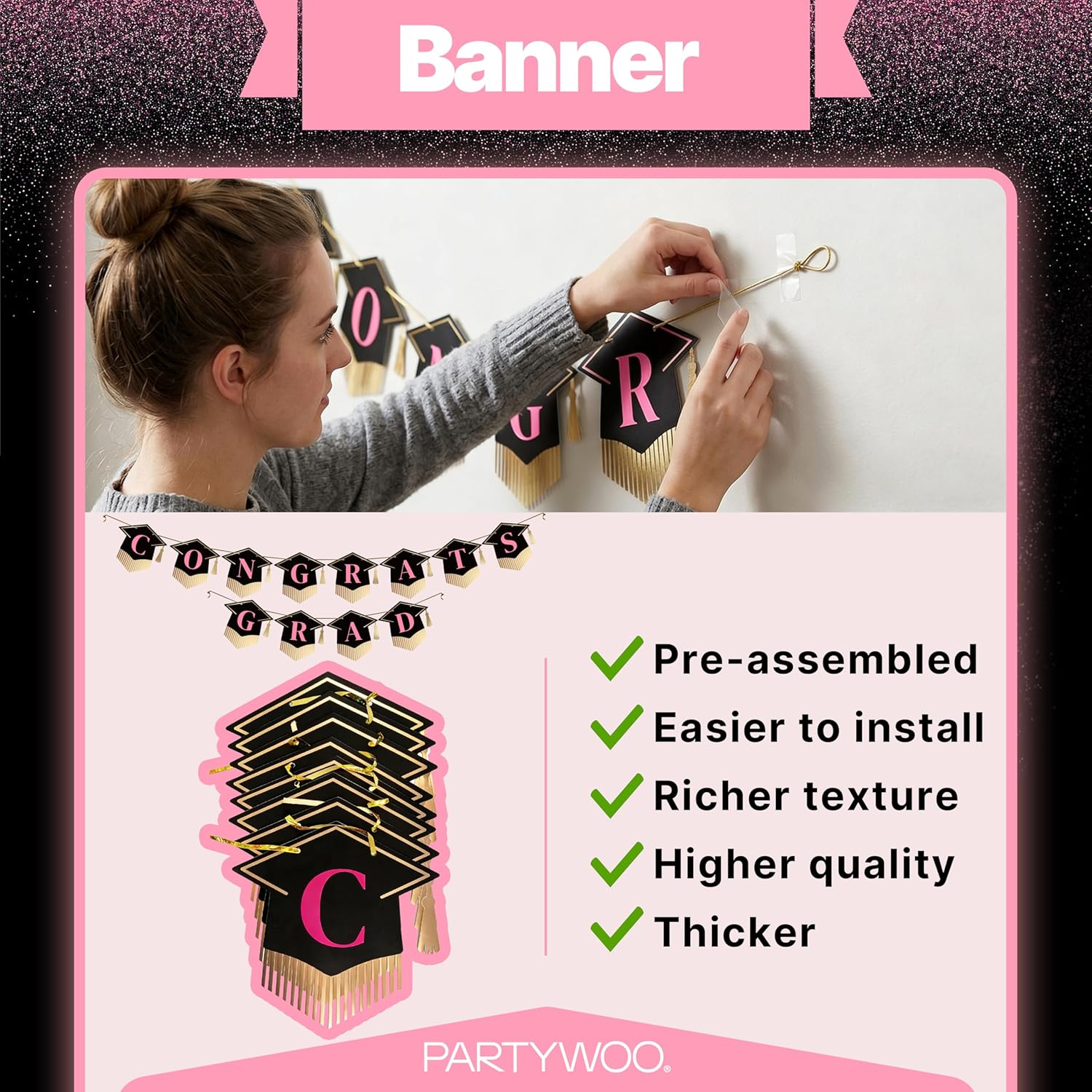PartyWoo Graduation Decorations - Class of 2026 Black, Gold & Pink 19-Piece Set with Congrats Banner & Balloons
