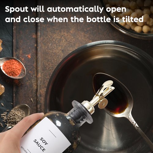 Spaceneat Oil Dispenser for Kitchen - Glass Olive Oil Bottle Set of 4 (11.8oz) with Gold Weighted Self-Closing Pourer - Cooking Oil Dispenser with 66 Labels, Aligner & Funnel