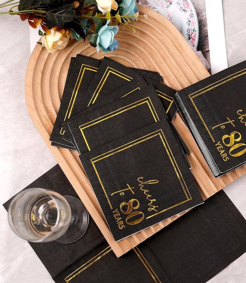 Cheers to Years Cocktail Napkins | 50-Pack 3-Ply Disposable Birthday & Anniversary Napkins - Black & Gold 5x5 Inches