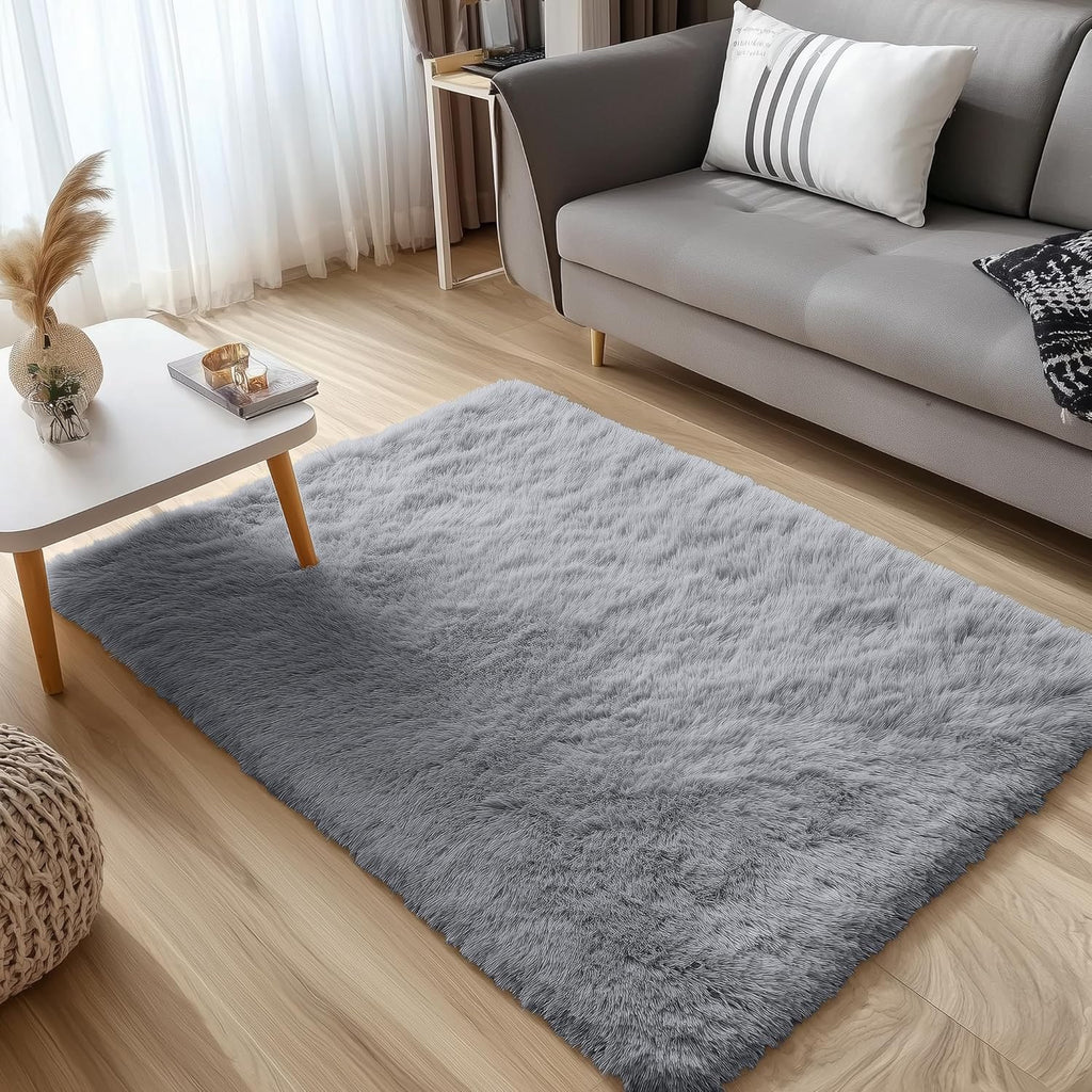 OLANLY 3x5 Soft Fluffy Shaggy Bedside Rug - Machine Washable Indoor Carpet for Kids & Nursery | Light Grey