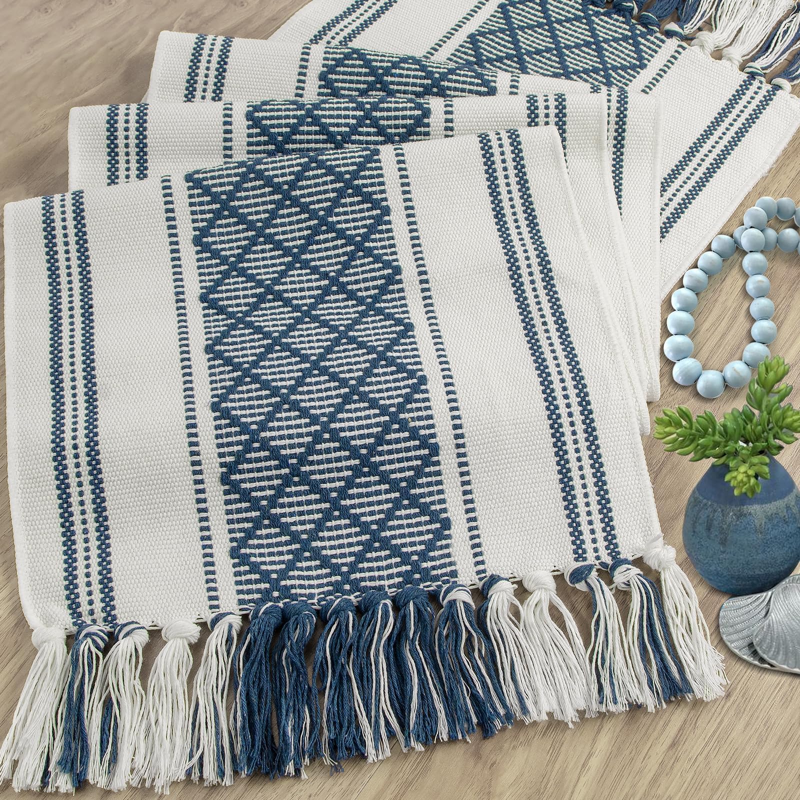 yuboo Blue and White Table Runner Farmhouse Style - Coastal Nautical Woven Table Runner 72 inches Long with Tassels, Dresser Runners for Bedroom, Dining Room, Summer Table Decor