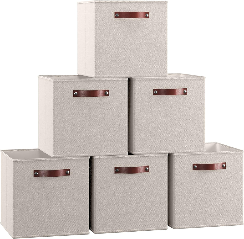 Ornavo Home Storage Cube Bins - Foldable Fabric Organizers with Leather Handles | 11x11 Inches, Beige, 6 Pack