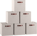 Ornavo Home Storage Cube Bins - Foldable Fabric Organizers with Leather Handles | 11x11 Inches, Beige, 6 Pack