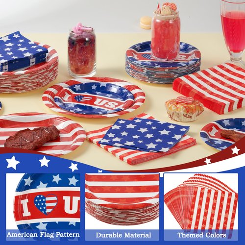 JOYIN 200 Pcs July 4th Plates & Napkins Patriotic Party Supplies, American Flag Patriotic Paper Plates Napkins, 4th of July Memorial Independence Day Party Tableware Decoration Supply, Serve 50
