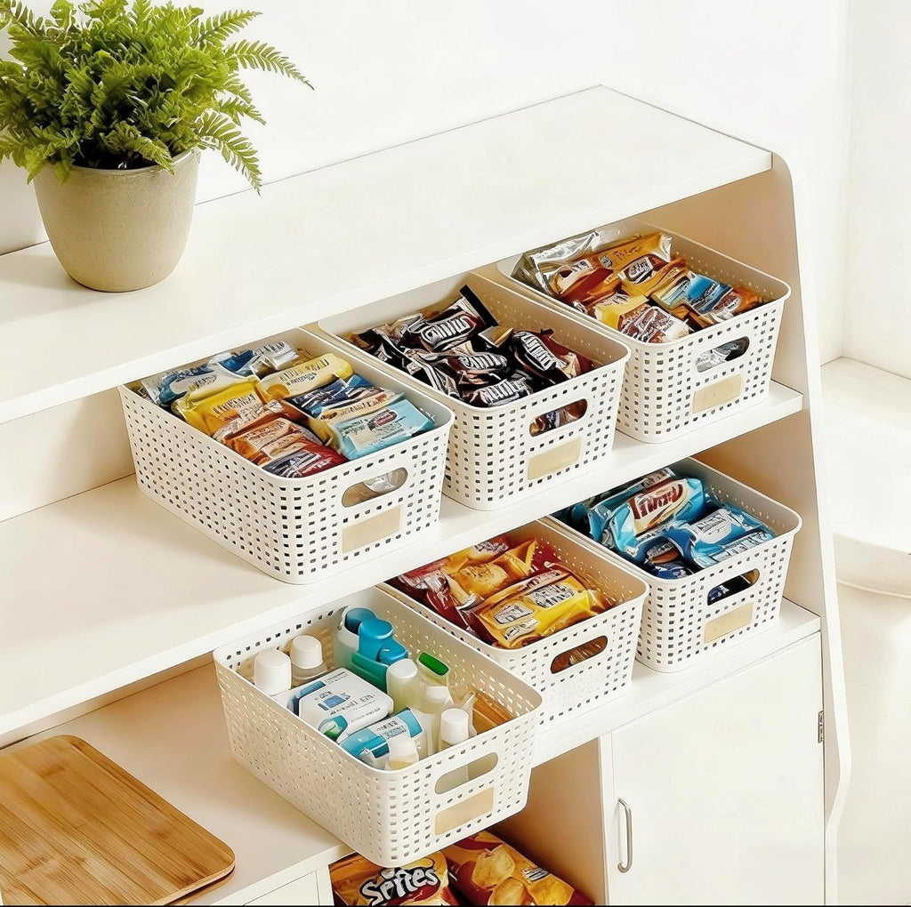 Skiennix Storage Bins - Stackable Plastic Baskets with Bamboo Lids | 6 Pcs Pantry Organizer Set (10"x7.1"x4.1")