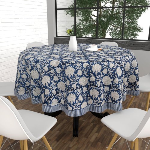 FYNITE Classic Indigo Vine Tablecloth | 90" Inches Round | 100%Cotton | Hand Block Print | Washable | Farmhouse & Fall Decor | Table Cover for Halloween | Thanksgiving | Christmas | Wedding | Parties
