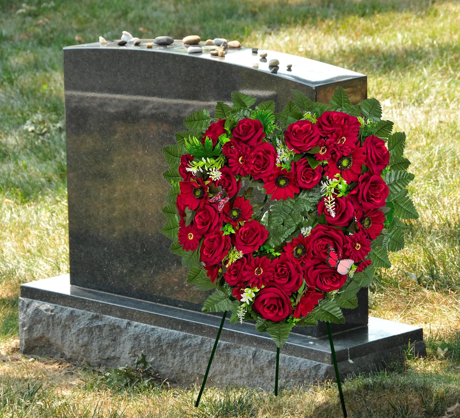 Regine Switzerland Cemetery Wreath - Heart-Shaped Remembrance Floral with 30-Inch Easel Stand | Red Rose