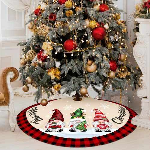Christmas Tree Skirt 48 Inch Buffalo Plaid Tree Skirt Red and Black Plaid Gnome Xmas Decorative Tree Mat Rustic Christmas Decorations for Home Office Winter Holiday Party Decor