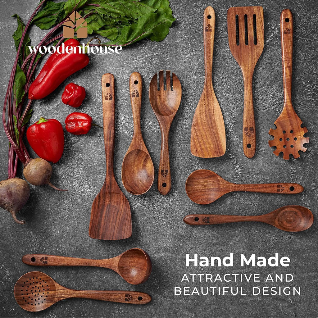 Teak Wood Cooking Spoons Set - 10 Durable Nonstick Utensils with Ergonomic Handles