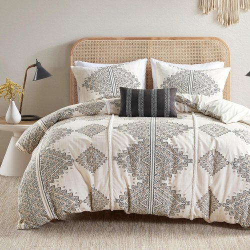 Madison Park Queen Duvet Cover Set, Boho Duvet Cover with Chenille Trims, All Seasons, Microfiber Bedding, Pillow & Shams, Ibiza, Black/Ivory 4 Piece