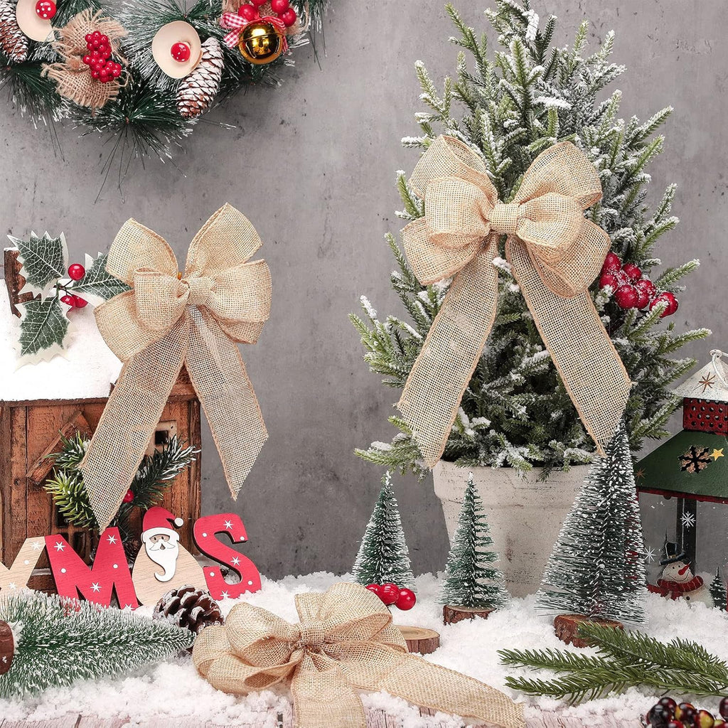 Xinnun Christmas Burlap Bows - Handmade Rustic Ribbon Ornaments for Tree & Wreath Decor | Set of 6, Beige